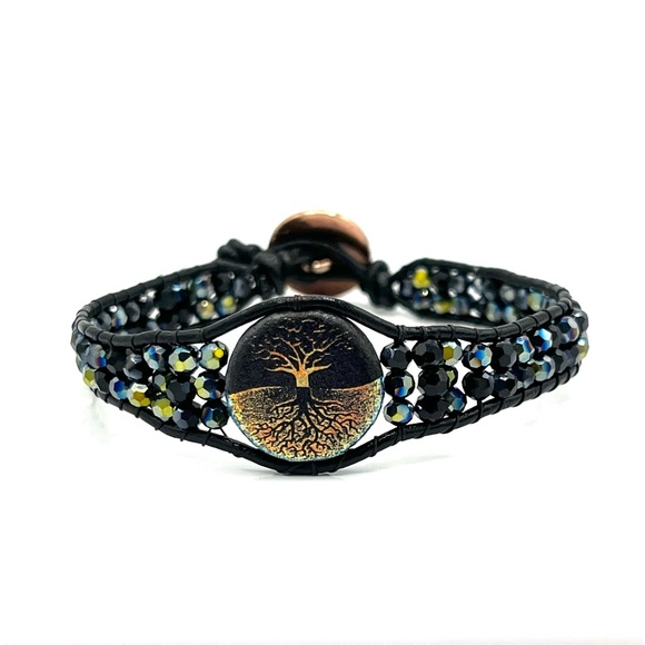 Hand Crafted Jewelry - HAND CRAFTED Tree of Life Crystal Wrap Bracelet Black Leather
